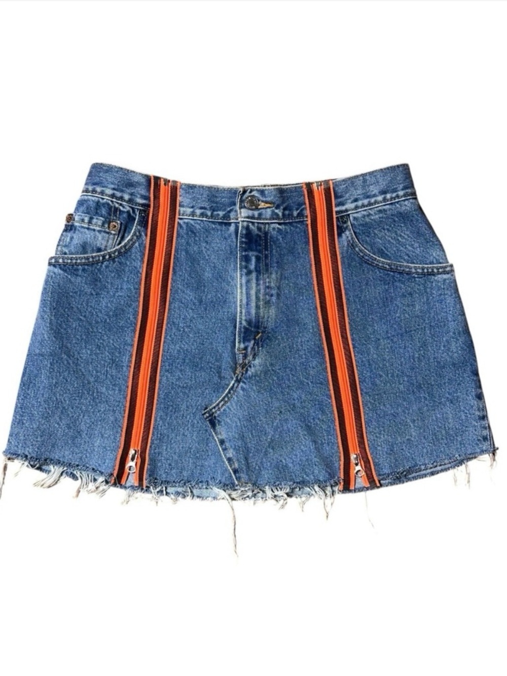 Furst Of A Kind Levi's Denim Reworked Mini Skirt Raw Hem Front Zippers